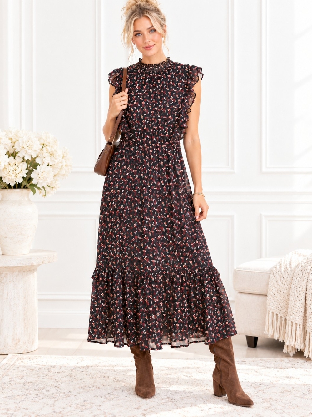 Mimi Chica Black Floral Ruffle Maxi Dress Boho Romantic | Size XL
